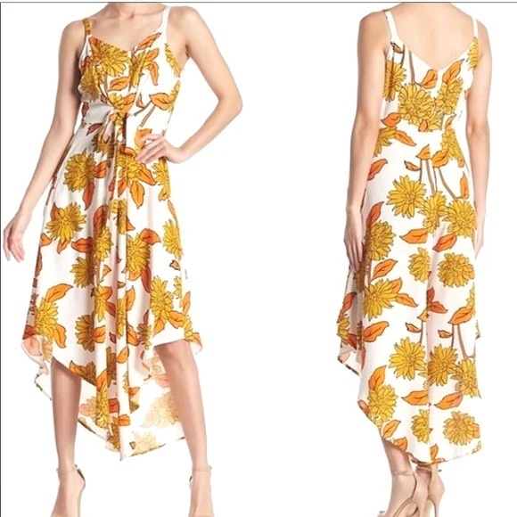 MSK sunflower jumpsuit white gold orange with spaghetti straps and bow Large - Picture 1 of 9